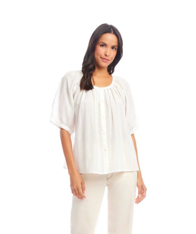 Karen Kane Off White Petite Size Short Sleeve Embroidered Peasant Top Karen Kane