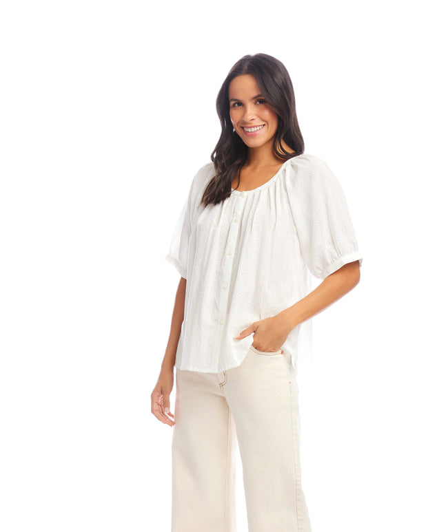 Karen Kane Off White Petite Size Short Sleeve Embroidered Peasant Top Karen Kane