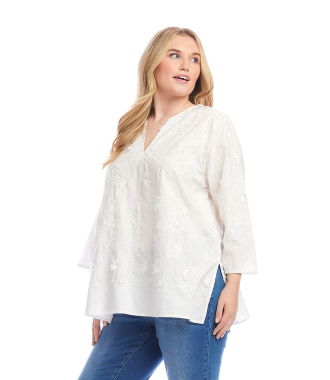 Karen Kane Off White Plus Size 3/4 Sleeve Embroidered Tunic Karen Kane
