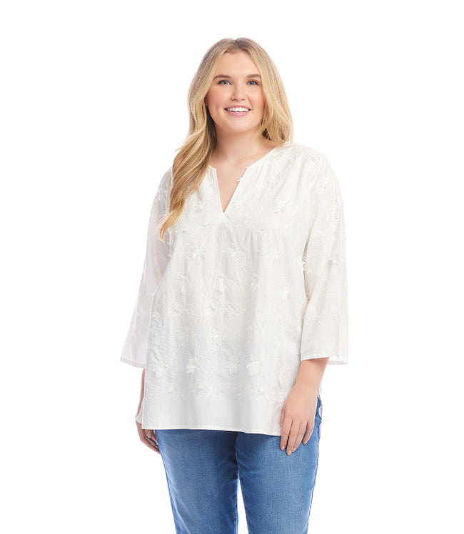 karen kane Off White Plus Size 3/4 Sleeve Embroidered Tunic Karen Kane