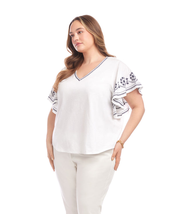 Karen Kane Off White Plus Size Embroidered Flutter Sleeve Top Karen Kane