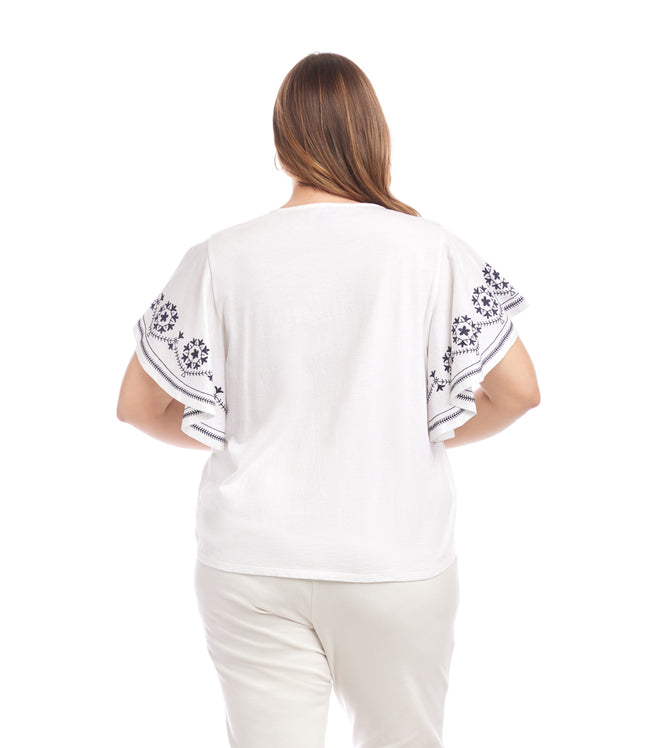 Karen Kane Off White Plus Size Embroidered Flutter Sleeve Top Karen Kane