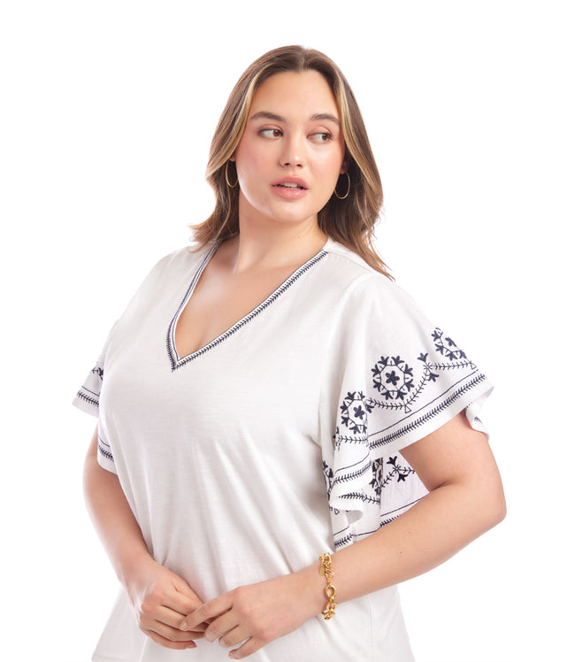 Karen Kane Off White Plus Size Embroidered Flutter Sleeve Top Karen Kane