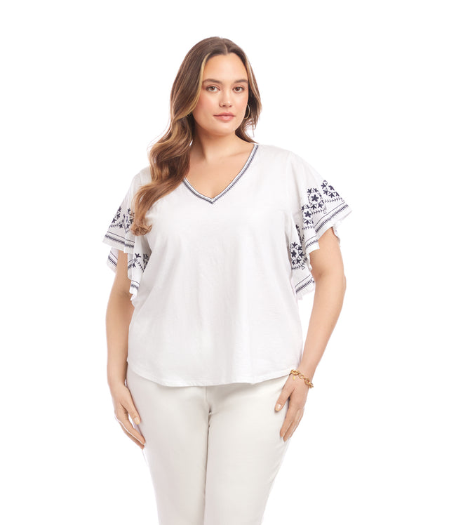 karen kane Off White Plus Size Embroidered Flutter Sleeve Top Karen Kane