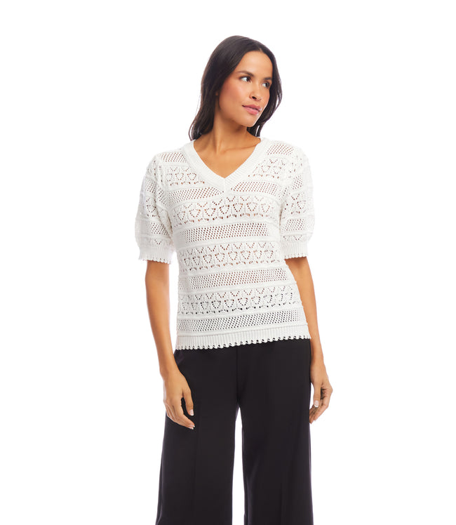 Karen Kane Off White Short Sleeve Crochet V-Neck Top Karen Kane