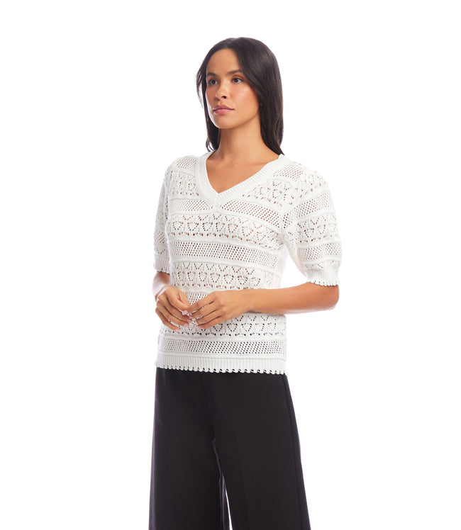 Karen Kane Off White Short Sleeve Crochet V-Neck Top Karen Kane