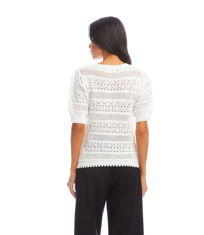 Karen Kane Off White Short Sleeve Crochet V-Neck Top Karen Kane