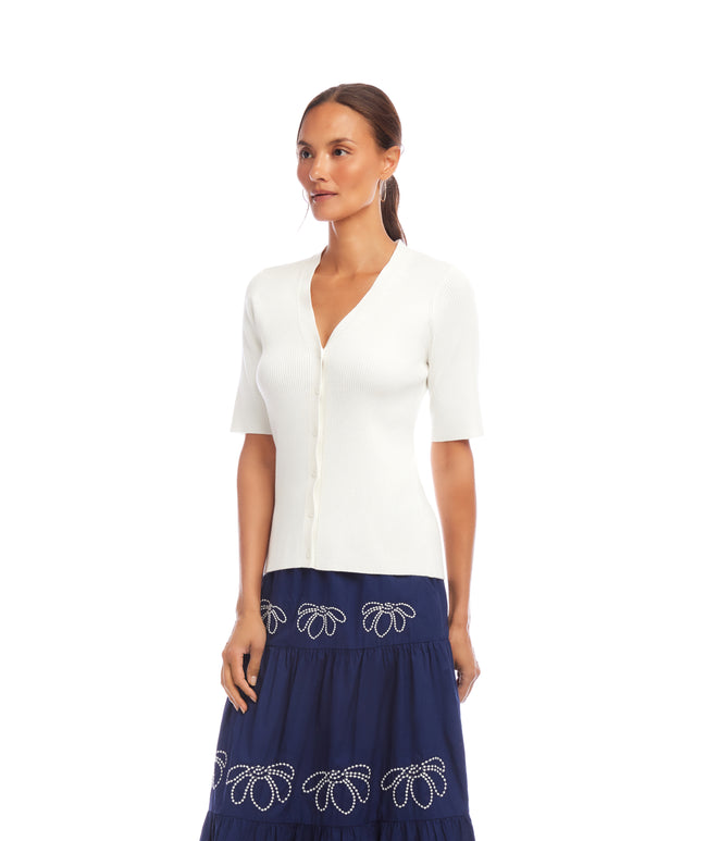 Karen Kane Off White Short Sleeve Ribbed Cardigan Sweater Karen Kane