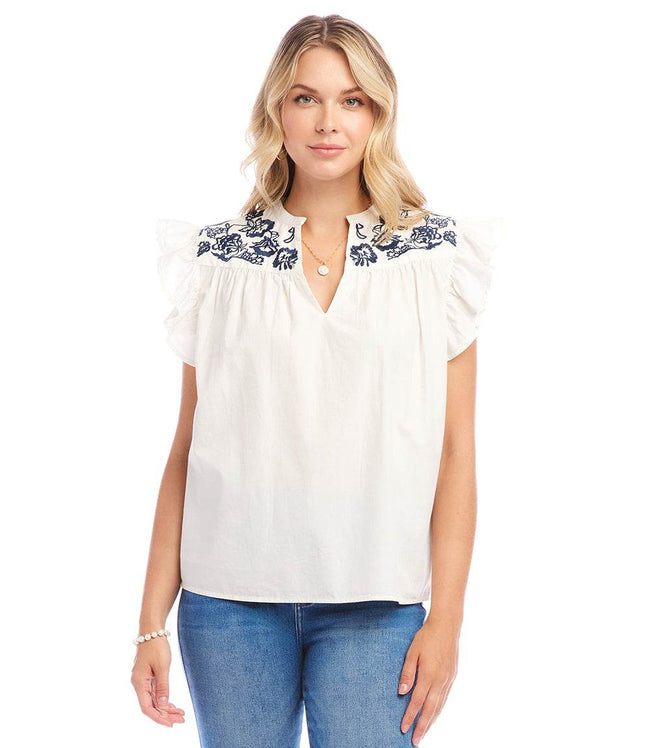 Karen Kane Off White With Navy Embroidered Ruffle Sleeve Top Karen Kane