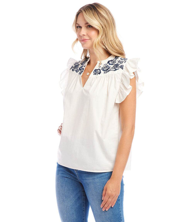 Karen Kane Off White With Navy Embroidered Ruffle Sleeve Top Karen Kane