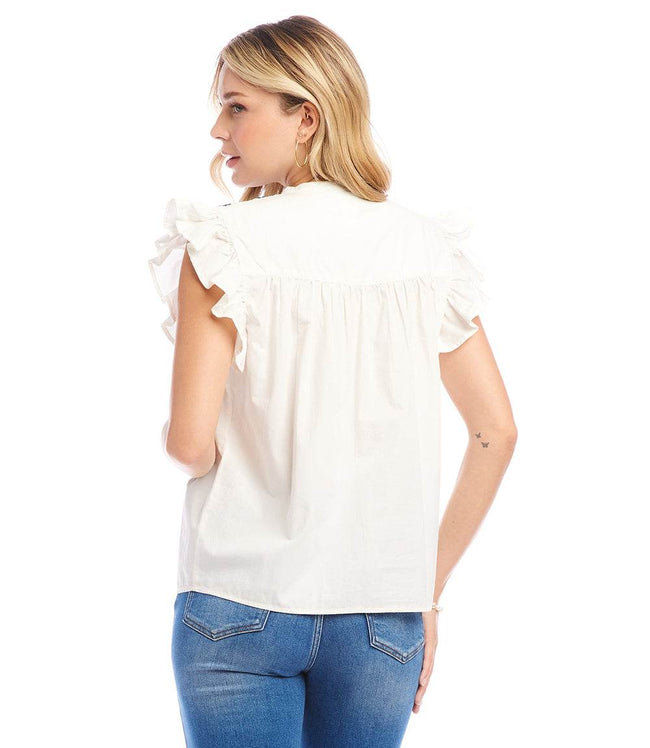 Karen Kane Off White With Navy Embroidered Ruffle Sleeve Top Karen Kane