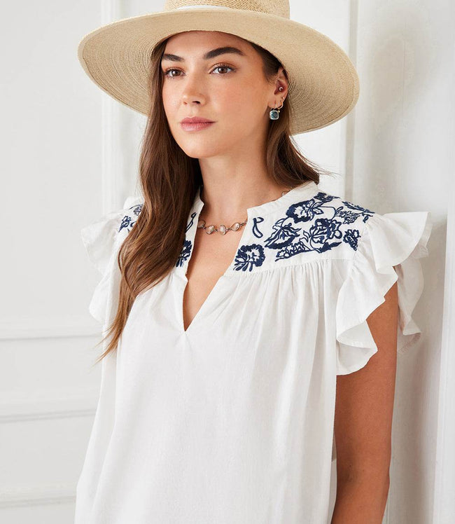 karen kane Off White With Navy Embroidered Ruffle Sleeve Top Karen Kane