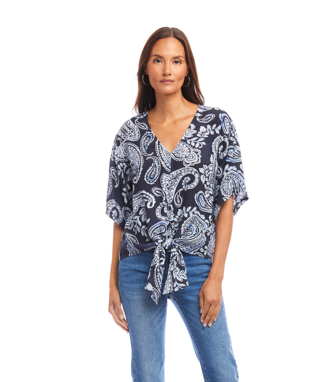 Karen Kane Paisley Flutter Sleeve Tie Front Top Karen Kane