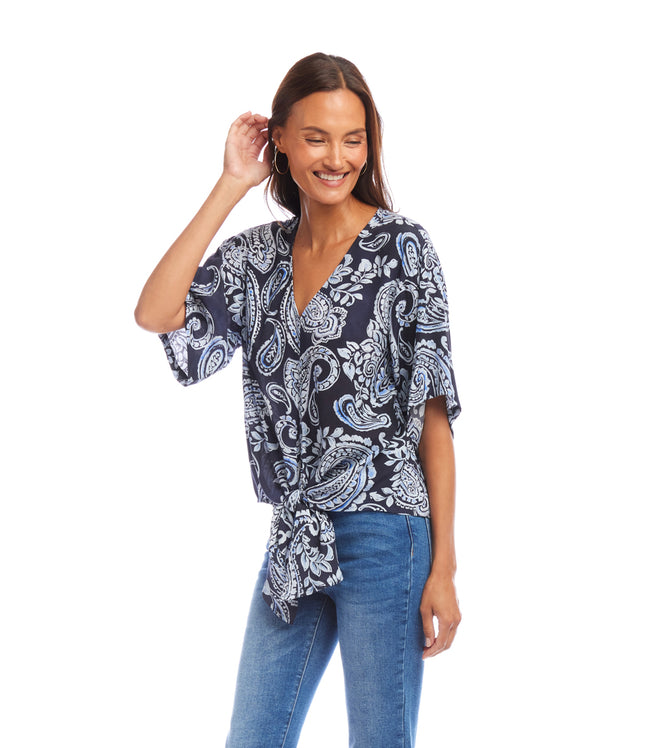 Karen Kane Paisley Flutter Sleeve Tie Front Top Karen Kane