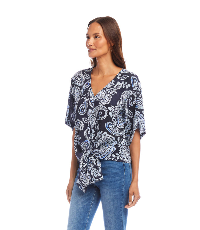 Karen Kane Paisley Flutter Sleeve Tie Front Top Karen Kane