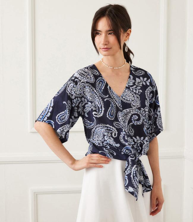 karen kane Paisley Flutter Sleeve Tie Front Top Karen Kane