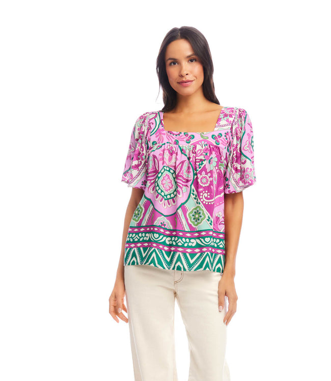Karen Kane Print Flare Sleeve Square Neck Top Karen Kane