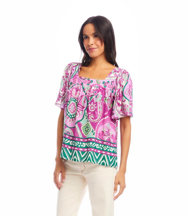 Karen Kane Print Flare Sleeve Square Neck Top Karen Kane