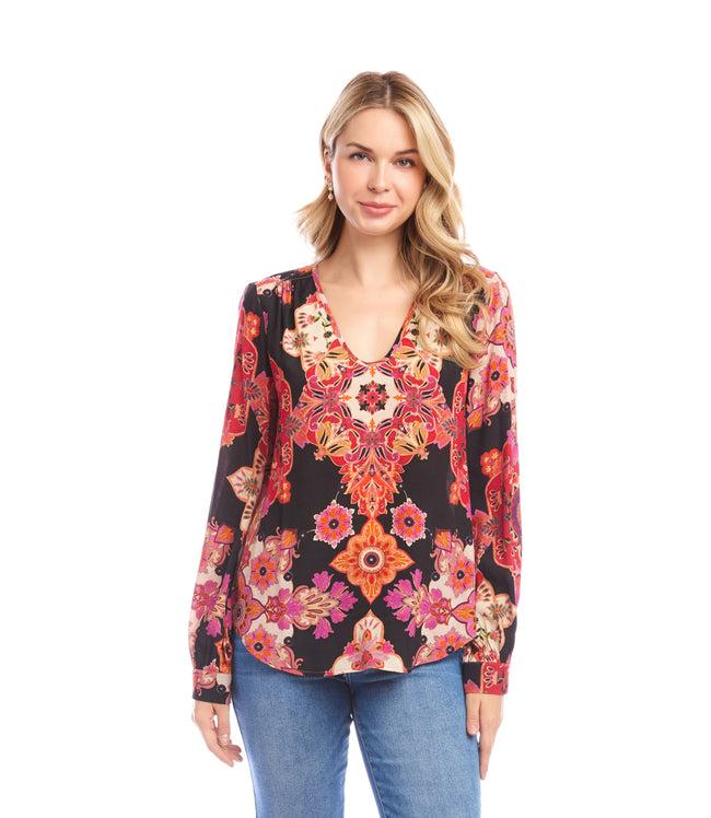 Karen Kane Print Long Sleeve Shirred Blouse Karen Kane