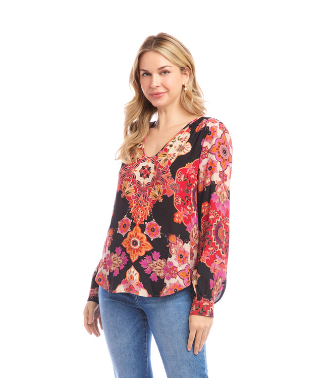 Karen Kane Print Long Sleeve Shirred Blouse Karen Kane
