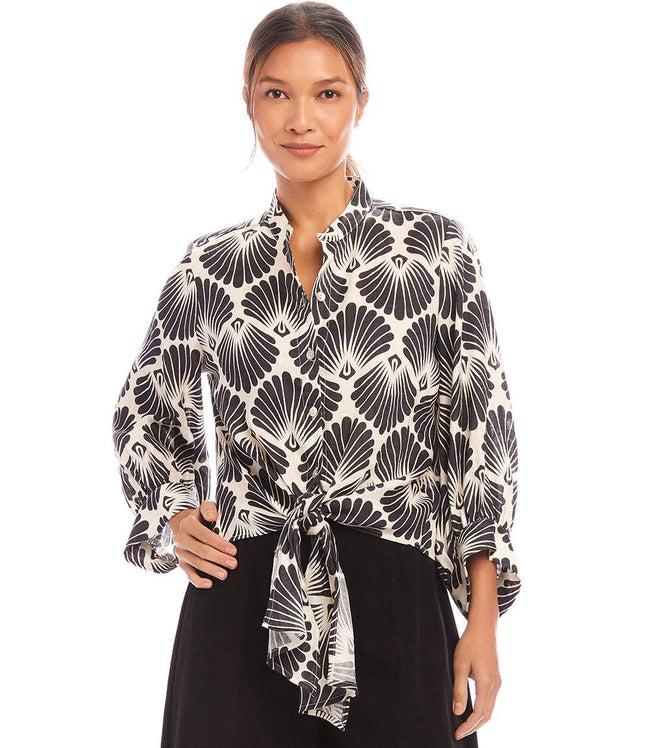 Karen Kane Print Petite Size Blouson Sleeve Linen Tie-Front Top Karen Kane