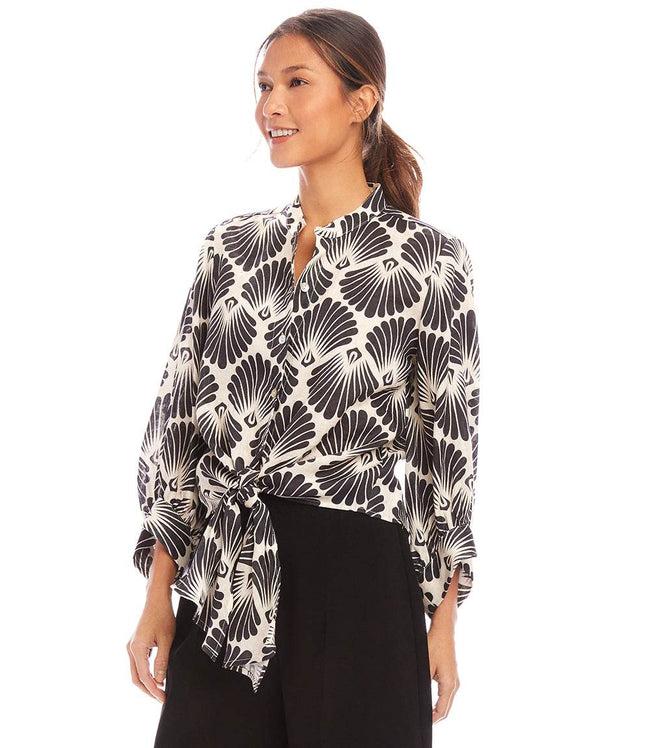 Karen Kane Print Petite Size Blouson Sleeve Linen Tie-Front Top Karen Kane