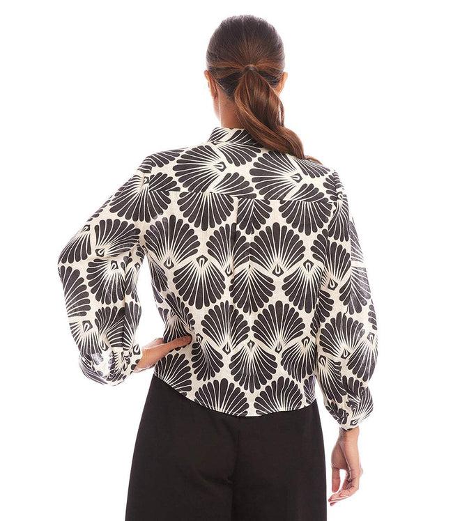 Karen Kane Print Petite Size Blouson Sleeve Linen Tie-Front Top Karen Kane