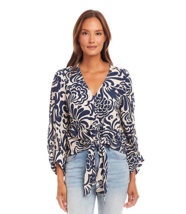 Karen Kane Print Petite Size Blouson Sleeve Tie Front Top Karen Kane