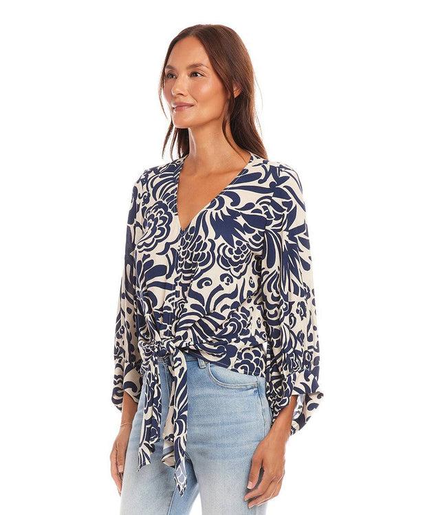 Karen Kane Print Petite Size Blouson Sleeve Tie Front Top Karen Kane