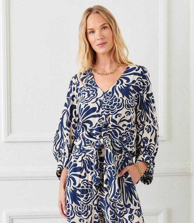 karen kane Print Petite Size Blouson Sleeve Tie Front Top Karen Kane