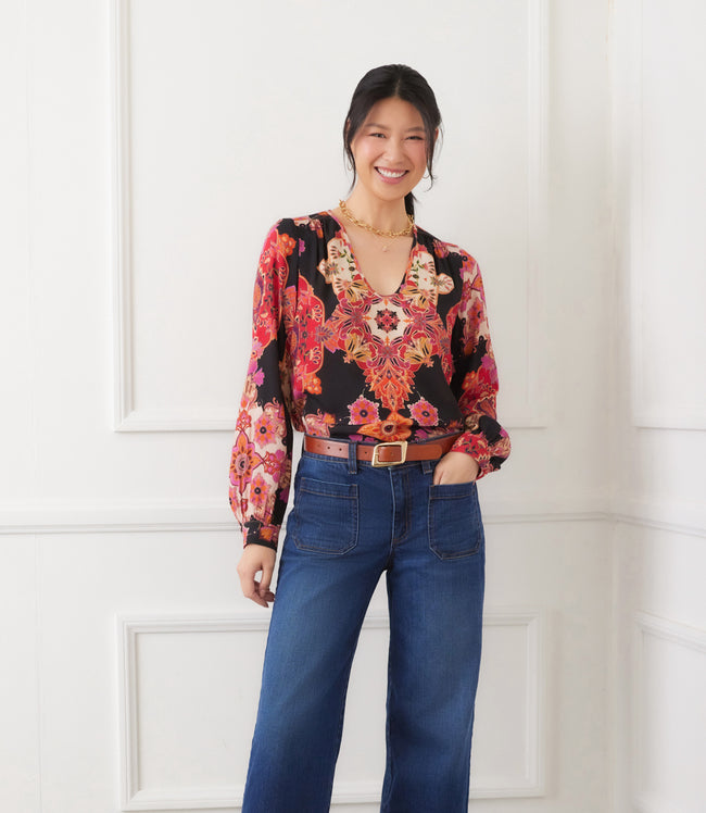 karen kane Print Petite Size Long Sleeve Shirred Blouse Karen Kane