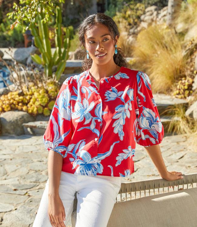 Karen Kane Print Petite Size Puff Sleeve Button-Front Shirt Karen Kane