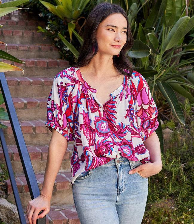 Karen Kane Print Petite Size Short Sleeve Peasant Top Karen Kane