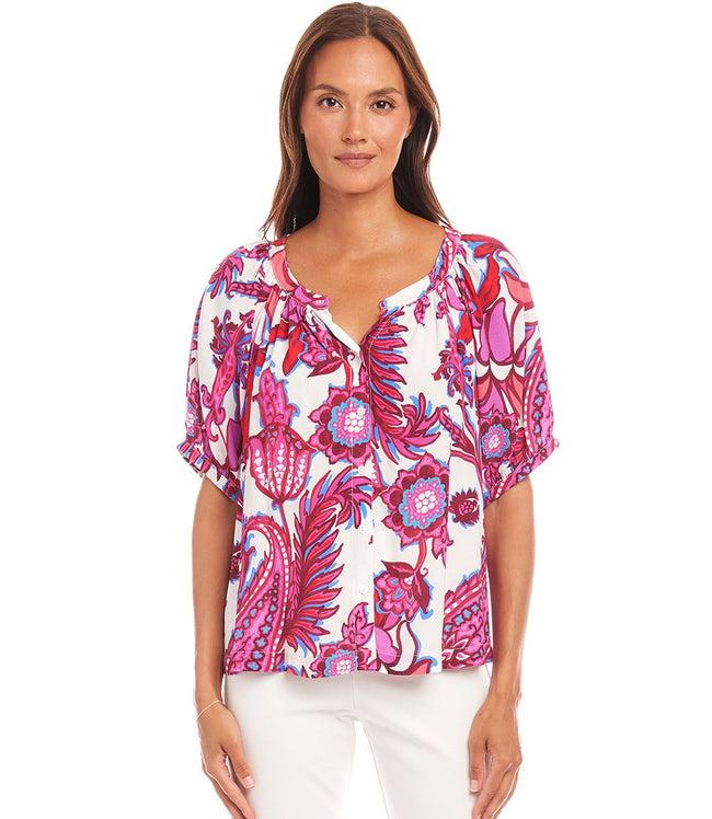 Karen Kane Print Petite Size Short Sleeve Peasant Top Karen Kane