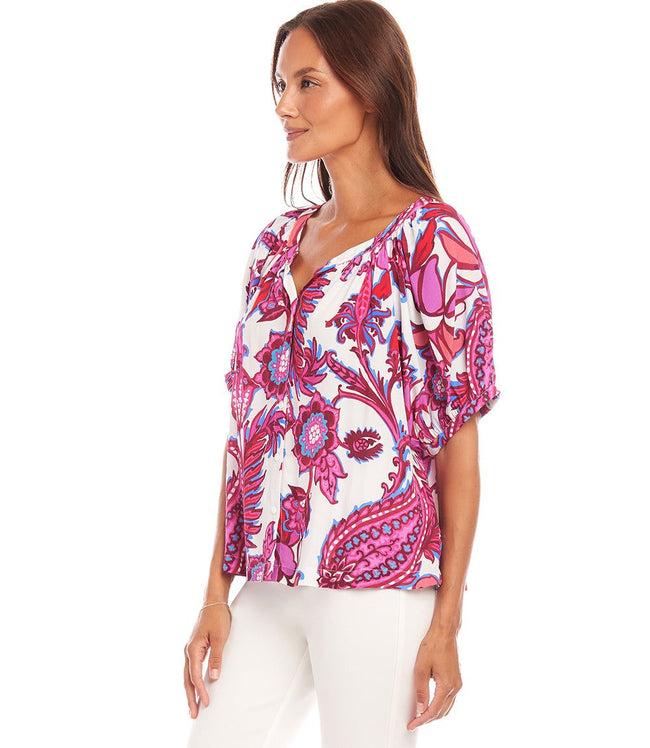 Karen Kane Print Petite Size Short Sleeve Peasant Top Karen Kane