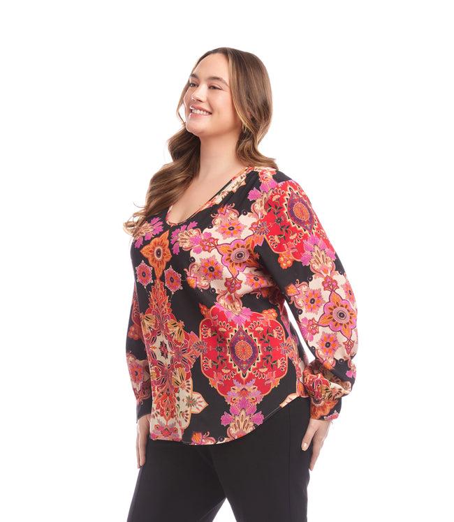 Karen Kane Print Plus Size Long Sleeve Shirred Blouse Karen Kane