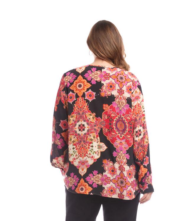Karen Kane Print Plus Size Long Sleeve Shirred Blouse Karen Kane