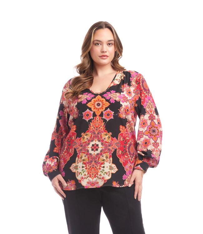 karen kane Print Plus Size Long Sleeve Shirred Blouse Karen Kane