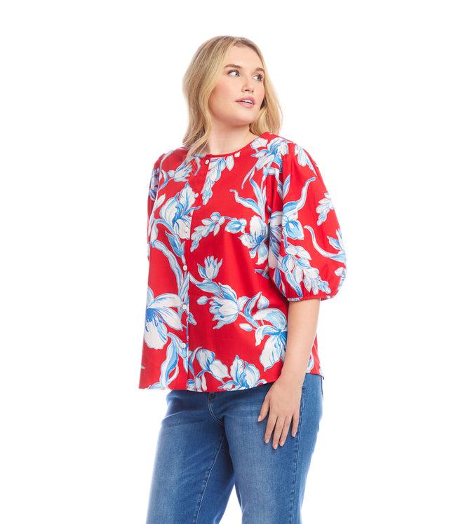 Karen Kane Print Plus Size Puff Sleeve Button-Front Shirt Karen Kane