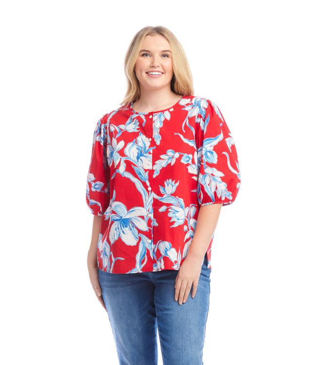 Karen Kane Print Plus Size Puff Sleeve Button-Front Shirt Karen Kane