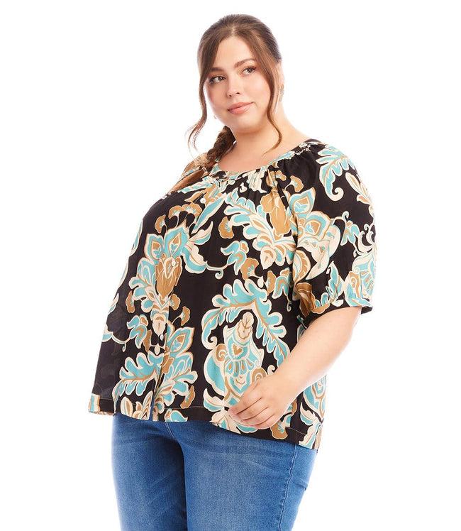 Karen Kane Print Plus Size Short Sleeve Peasant Button-Front Top Karen Kane