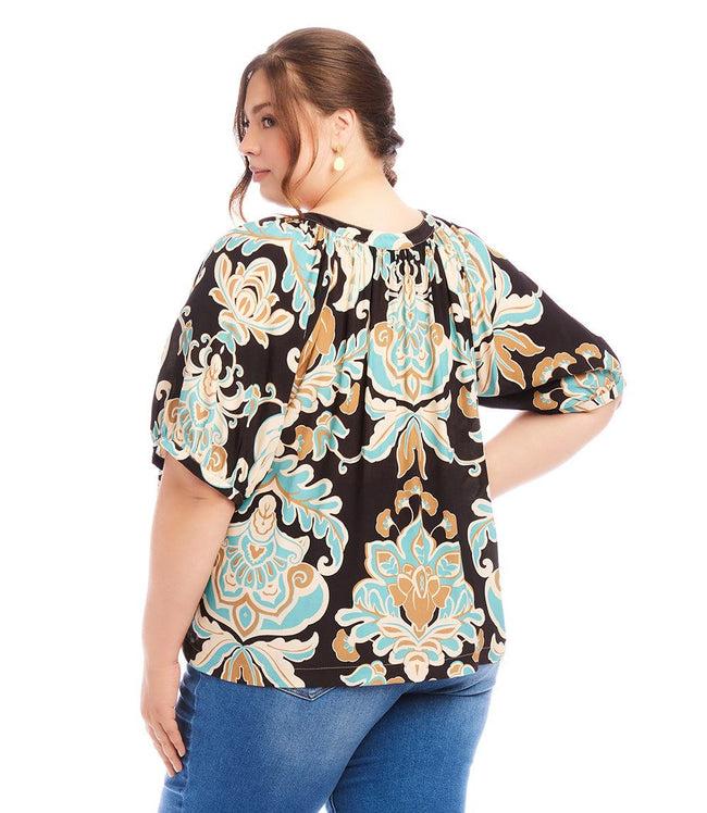 Karen Kane Print Plus Size Short Sleeve Peasant Button-Front Top Karen Kane