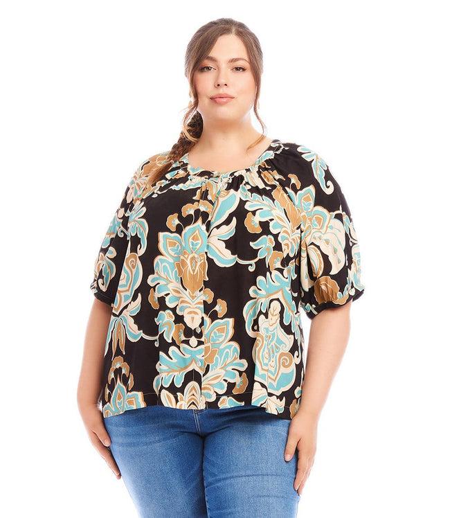 Karen Kane Print Plus Size Short Sleeve Peasant Button-Front Top Karen Kane