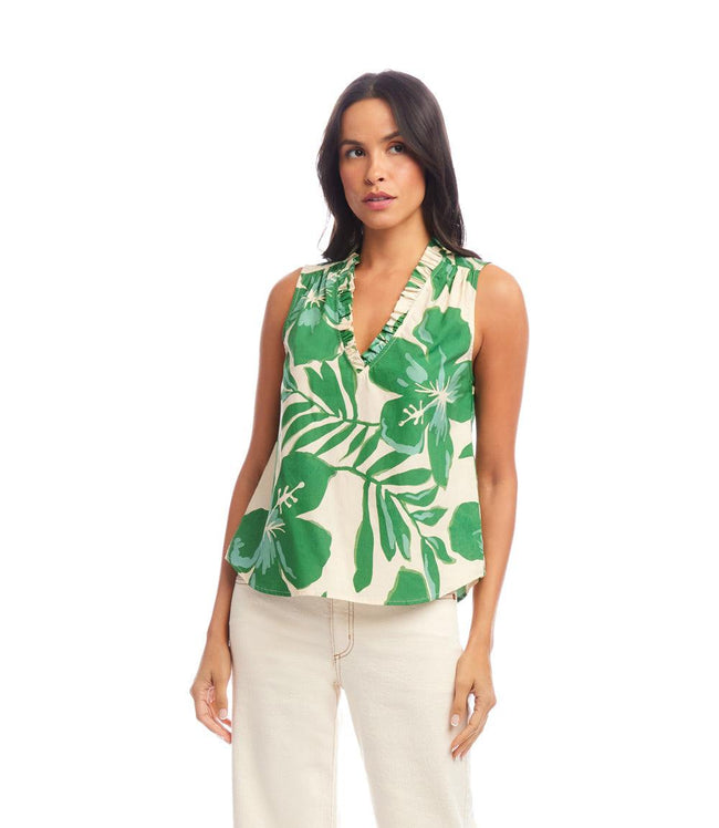 Karen Kane Print Sleeveless Ruffle Trim Top Karen Kane