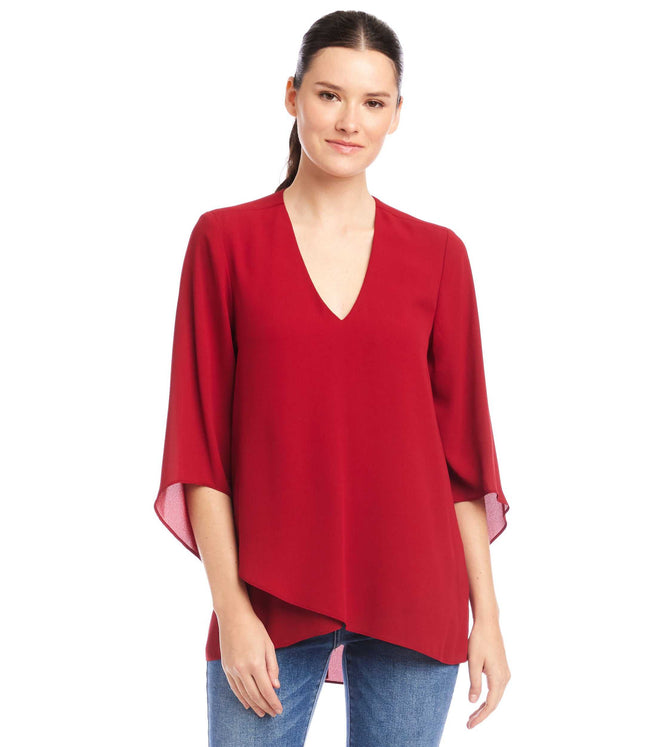 karen kane Red Bracelet Sleeve Asymmetric Top Karen Kane