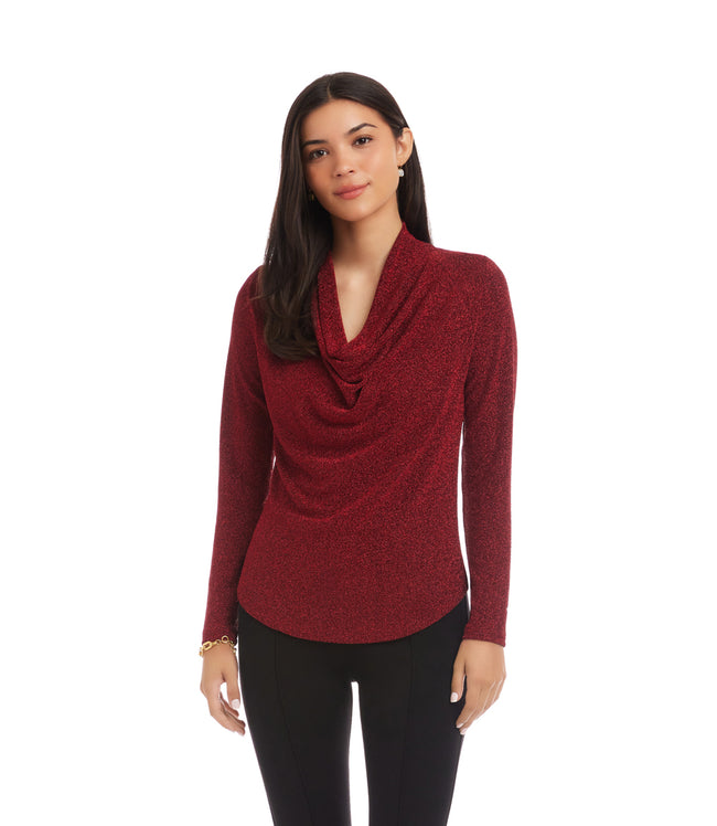 Karen Kane Red Long Sleeve Metallic Knit Drape Neck Top Karen Kane