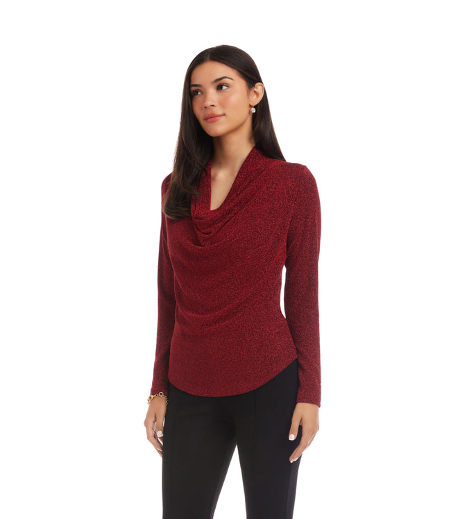 Karen Kane Red Long Sleeve Metallic Knit Drape Neck Top Karen Kane