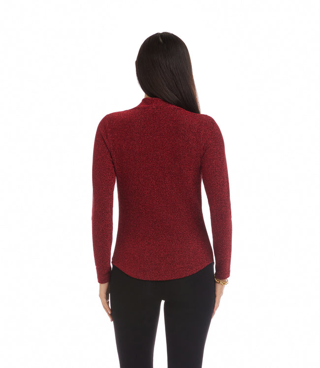 Karen Kane Red Long Sleeve Metallic Knit Drape Neck Top Karen Kane