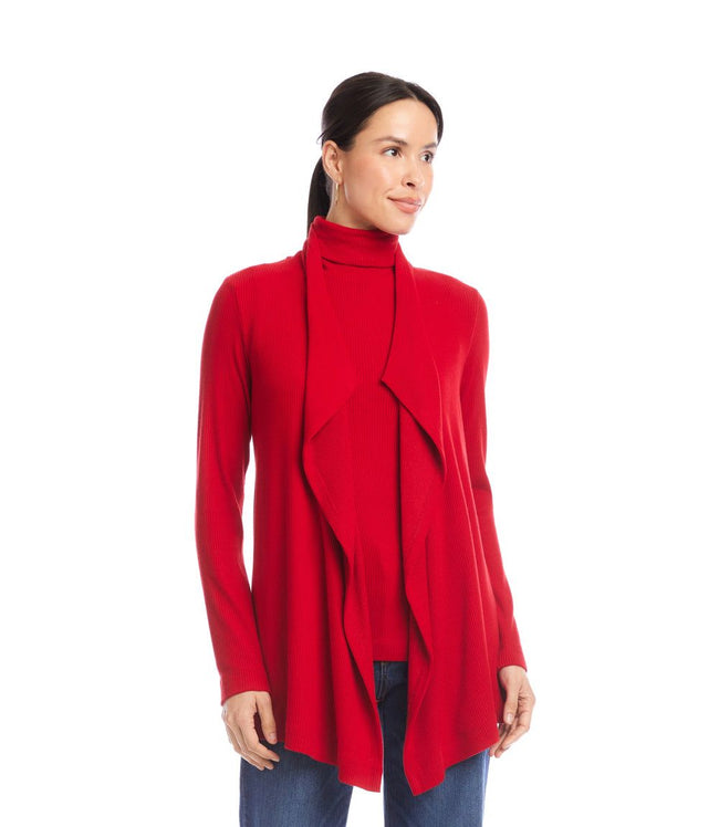 Karen Kane Red Long Sleeve Ribbed Drape Front Cardigan Karen Kane