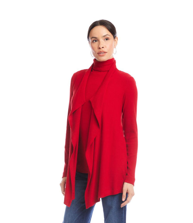 Karen Kane Red Long Sleeve Ribbed Drape Front Cardigan Karen Kane